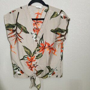 Sienna Sky Top Size S Womens Floral Stripe Button Tie Sleeveless Tropical Floral